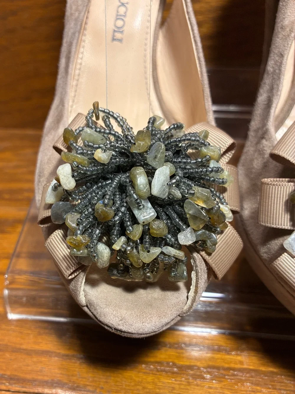 Gastone Lucioli ITALY Beaded Suede Platform Slingback Heels Taupe EU 40 US 9.5